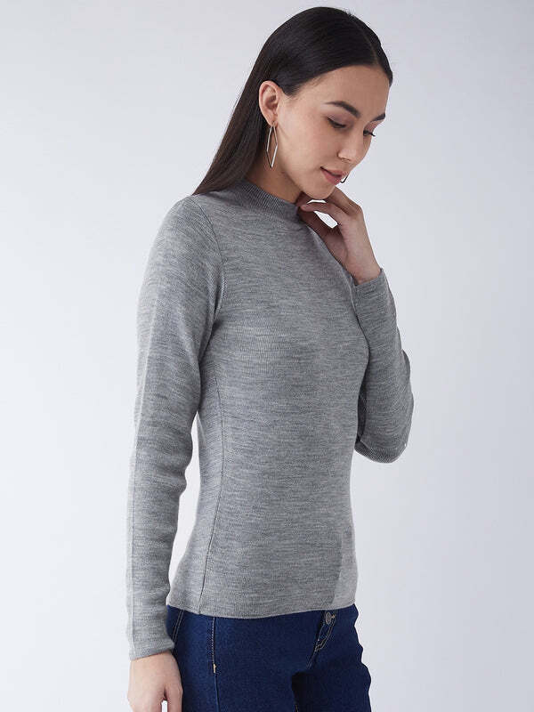 RVK Women Solid Acrylic Pullover Sweater-Grey
