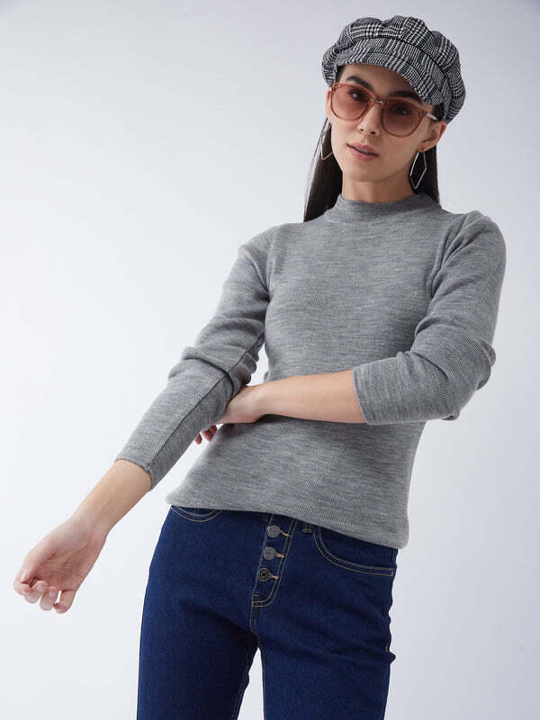 RVK Women Solid Acrylic Pullover Sweater-Grey