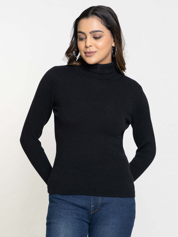 RVK Ribbed High Neck Pullover Sweater-Black