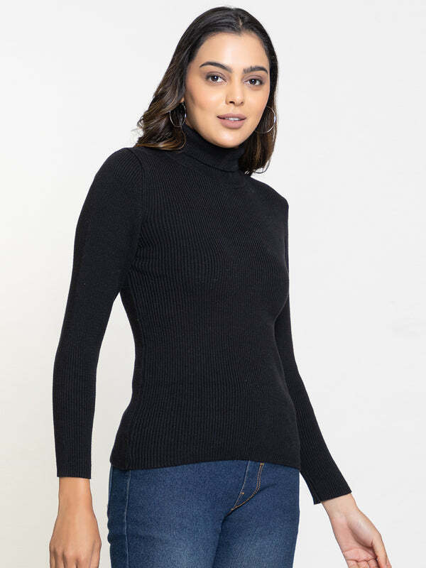 RVK Ribbed High Neck Pullover Sweater-Black
