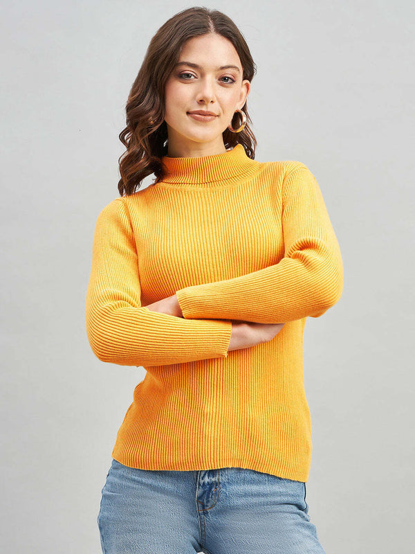 Ribbed High Neck Pullover Sweater-MUSTARD