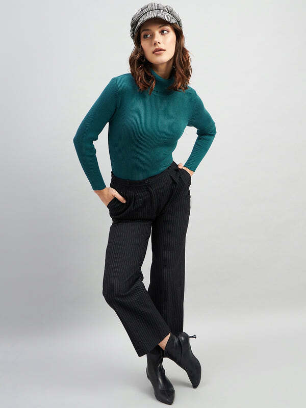 RVK Ribbed High Neck Pullover Sweater-TEAL